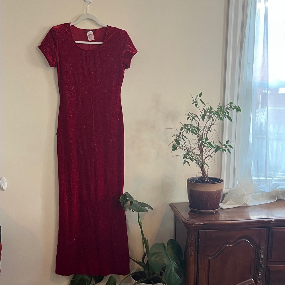 Vintage Rhapsody Red Velvet Maxi‎ Dress 90s Sparkle Whimsigoth Gala Valentines 6